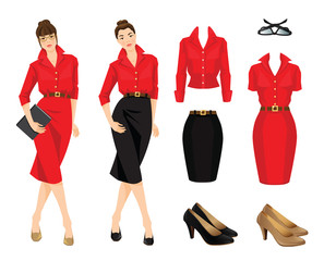 Vector illustration of women in black skirt, red formal dress and blouse isolated on white background. 
