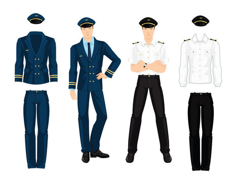 Vector illustration of aviation uniform isolated on white background. Pilot in navy blue suit with gold ribbon.