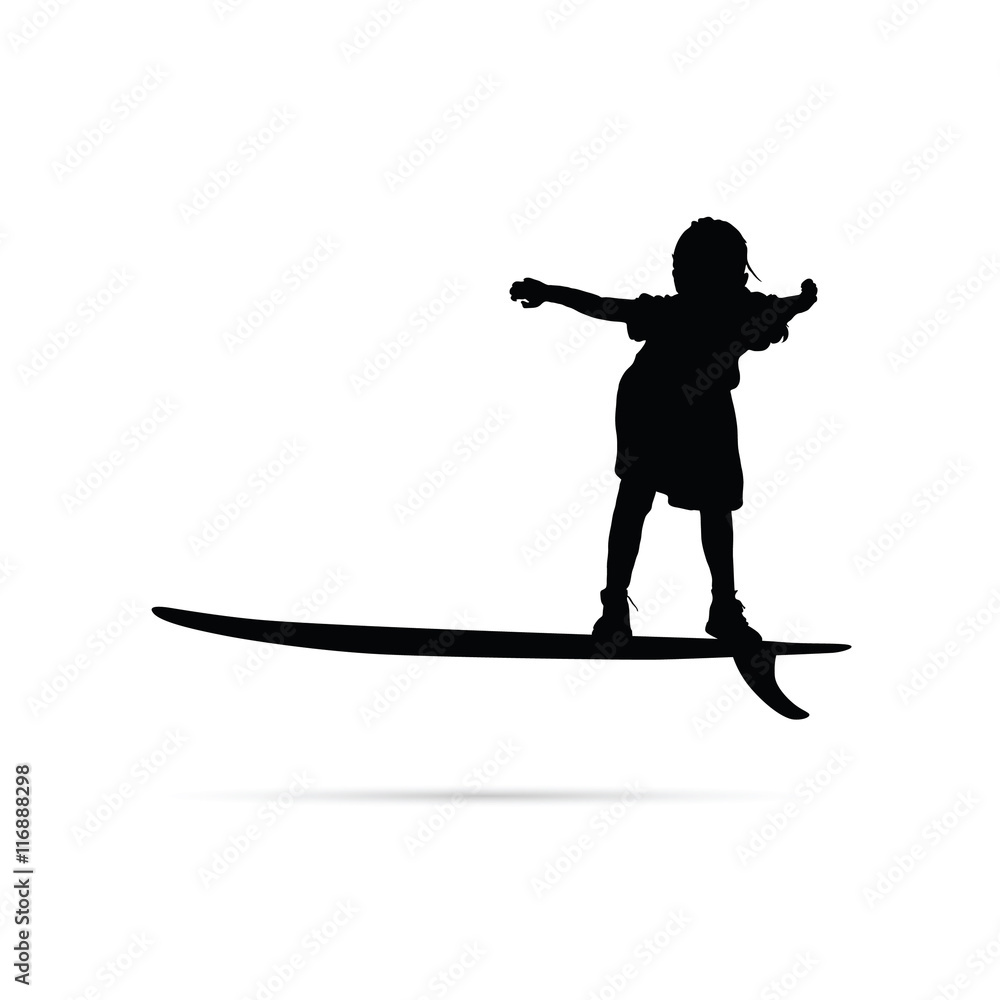 Wall mural child happy silhouette with surfboard in black illustration