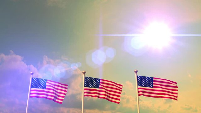 USA US 3 American Flags Waving Green screen CG Flare
