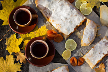 Strudel with apples, pumpkin, apricots, lemon. Autumn table decoration