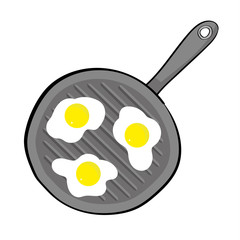  View from above of three eggs frying on a griddle pan