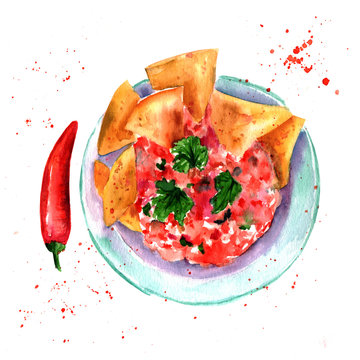 Watercolor drawing of pico de gallo, traditional Mexican dish