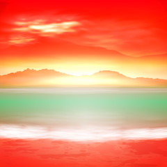 Fototapeta premium Background with sea and mountain. Sunset time.