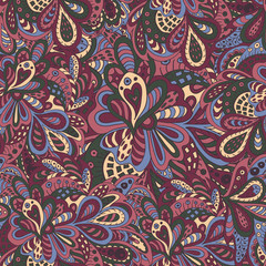 Doodle floral seamless pattern burgundy and green tones