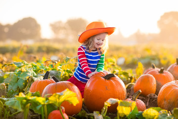 Child playing on pumpkin patch