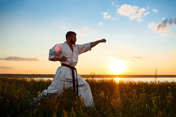 Silhouette of sportive man training karate in field at sunrise.