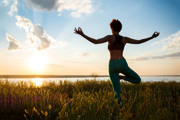 Silhouette of sportive girl practicing yoga in field at sunrise.