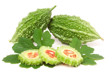 green momordica or karela with leaf isolated on white background
