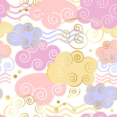 Decorative beautiful clouds pattern with golden texture. Vector illustration. Background, textile, texture