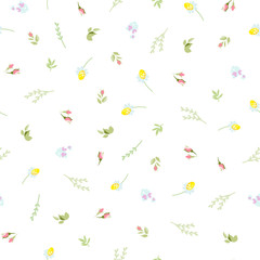 Seamless floral pattern with small camomiles, roses and sprigs of plants