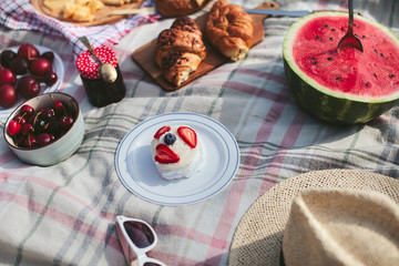 summer picnic on the rug. Fruits, berries, pastries and cheese