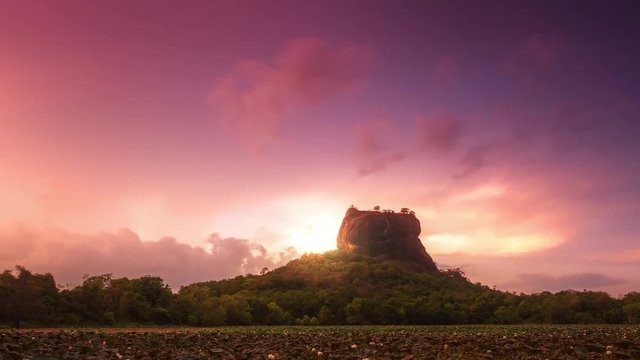 Sigiriya ancient rock in Sri Lanka. Travel destination amazing sunset landscape