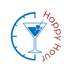 Icono plano Happy Hour con coctel con aceituna texto granate