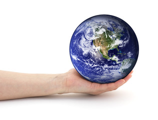 Environmentally friendly. Hands holding earth on a isolated background. 
The planet earth image provided by NASA.