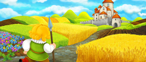 Obraz na płótnie Canvas Cartoon scene of a knight traveling to a beautiful castle - illustration for children