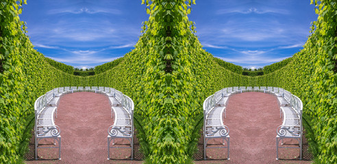 Kaleidoscopic image of red sand, green leaf wall, blue sky and white bench arrow in Saint...