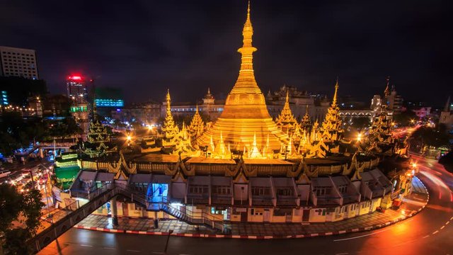 Sule Pagoda Landmark Ancient Pagoda Place Bright In Night Yangon Cityscape Time Lapse Of Yangon City, Myanmar (loops)