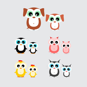 set of cute cartoon animals like hen, chicken, dog, puppy, cat, kitten, pig, piglet and penguin with child isolated on light background