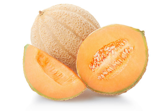 Cantaloupe melon section and slice on white, clipping path