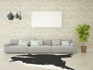 Mock up blank poster on the wall of interior with sofa.