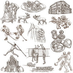 Latvia. Republic of Latvia. Pictures of life and travel collection of an hand drawn illustrations. Pack of full sized hand drawings. Set of freehand sketches. Line art technique. White background.