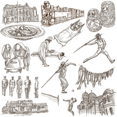Latvia. Republic of Latvia. Pictures of life and travel collection of an hand drawn illustrations. Pack of full sized hand drawings. Set of freehand sketches. Line art technique. White background.