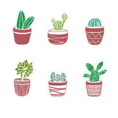 Hand drawn set of Cactus in the pots.