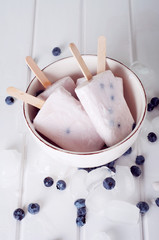 Ice popsicles with yogurt and blueberries. Sweet dairy dessert.