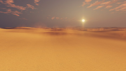 Fototapeta na wymiar Barren dunes in sandy african desert at sunset with haze and sun disk on horizon. 3D illustration.