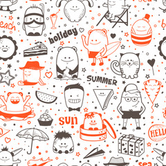 Seamless pattern. Funny monsters, personage. Hand drawn cartoon animals