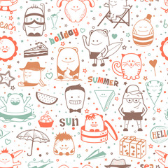 Seamless pattern. Funny monsters, personage. Hand drawn cartoon animals
