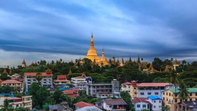 The Storm Formation Above Shwedagon Golden Pagoda And Yangon Cityscape Time Lapse Of Yangon City, Myanmar (zoom out)
