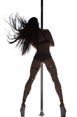Silhouette of young sexy pole dance woman with long hair dancing on white background