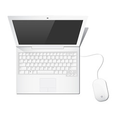 white laptop computer and wired mouse illustration