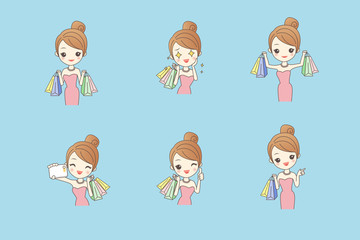 Cartoon happy shopping young woman