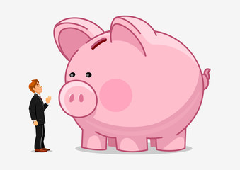 Businessman with big piggybank. Money saving