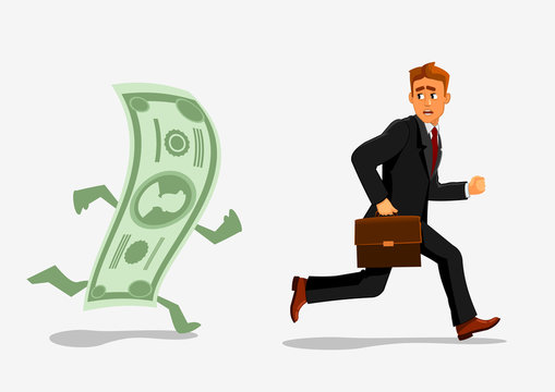 Businessman Escaping Dollar, Running From Banknote