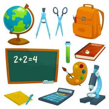 School supplies icons set. Stationery elements.