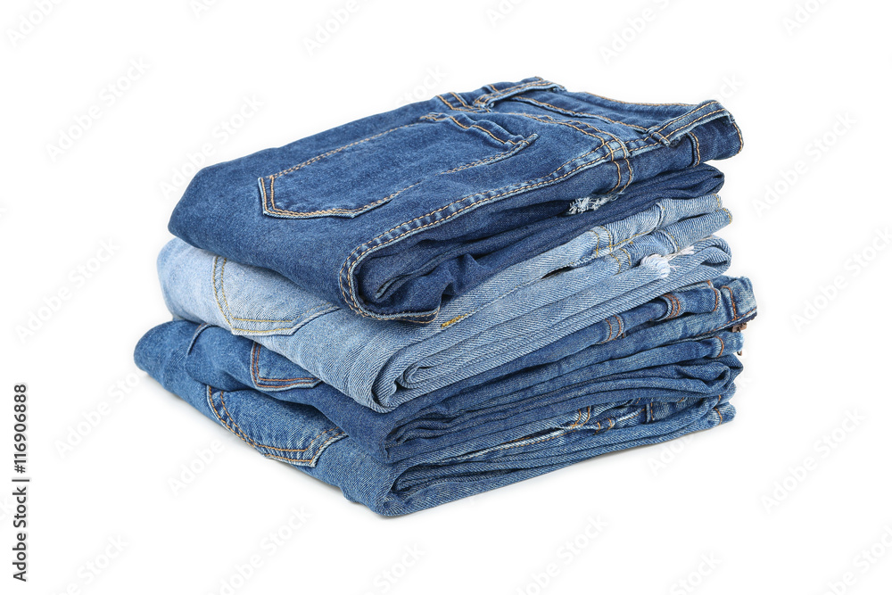 Poster stack of folding jeans isolated on white