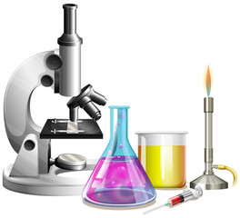 Microscope and beakers with liquid