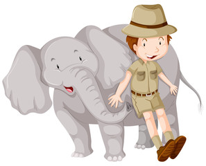 Boy in safari outfit and Elephant