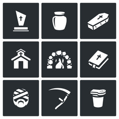 Vector Set of Funeral Icons. Burial, Cremation, Coffin, Church, Crematorium, Prayer, Mummification, Death, Funeral.