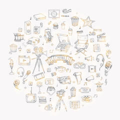 Hand drawn doodle Cinema set. Vector illustration. Movie making icons. Film symbols collection. Cinematography freehand elements: camera, film tape, photo camera, pizza, popcorn, projector, microphone