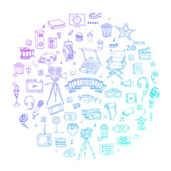 Hand drawn doodle Cinema set. Vector illustration. Movie making icons. Film symbols collection. Cinematography freehand elements: camera, film tape, photo camera, pizza, popcorn, projector, microphone