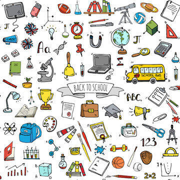 Seamless background hand drawn doodle Back to school icon set Vector illustration educational symbols collection Cartoon various learning elements: Laptop; Lunch box; Microscope; Telescope; Sketch bus