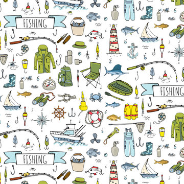 Seamless pattern hand drawn doodle Fishing icons set. Vector illustration. Cartoon catching fish equipment elements collection: Rod, Baits, Spinning, Lure, Inflatable Boat, Yacht, Lighthouse, Cloth.