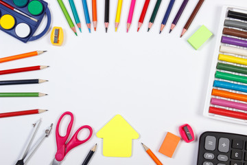 School accessories and shape of building on white background, back to school concept, copy space for text