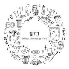 Hand drawn doodle Theater set. Vector illustration. Sketchy artistic icons. Acting performance elements: Ticket, Masks, Lyra, Flowers, Curtain stage, Musical notes, Pointe shoes, Make-up artist tools.