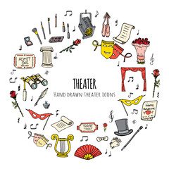 Hand drawn doodle Theater set. Vector illustration. Sketchy artistic icons. Acting performance elements: Ticket, Masks, Lyra, Flowers, Curtain stage, Musical notes, Pointe shoes, Make-up artist tools.